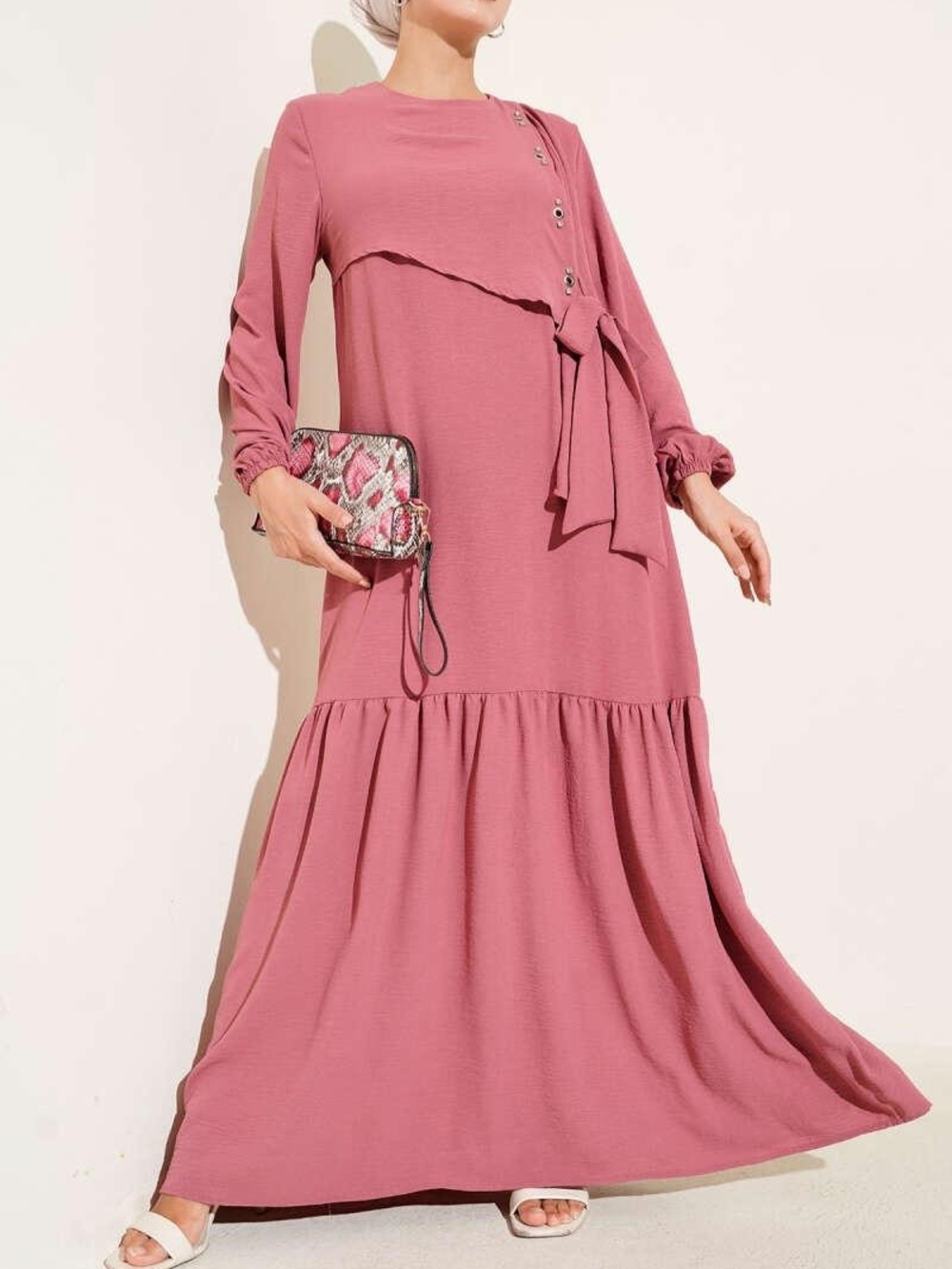 Modest Stone Studded Tied Maxi Dress Rose NWOT Size 46 [XL]